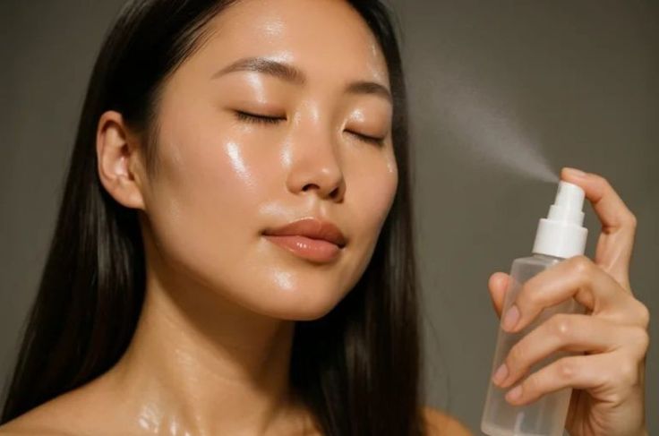 Girl spraying her skin