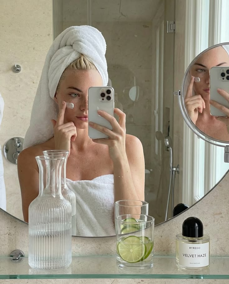 Girl applying skincare